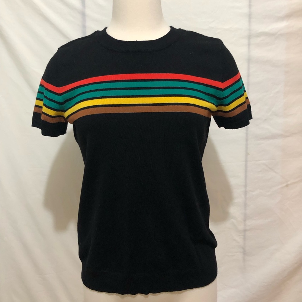 Short sleeve knit top with multi-colored stripes